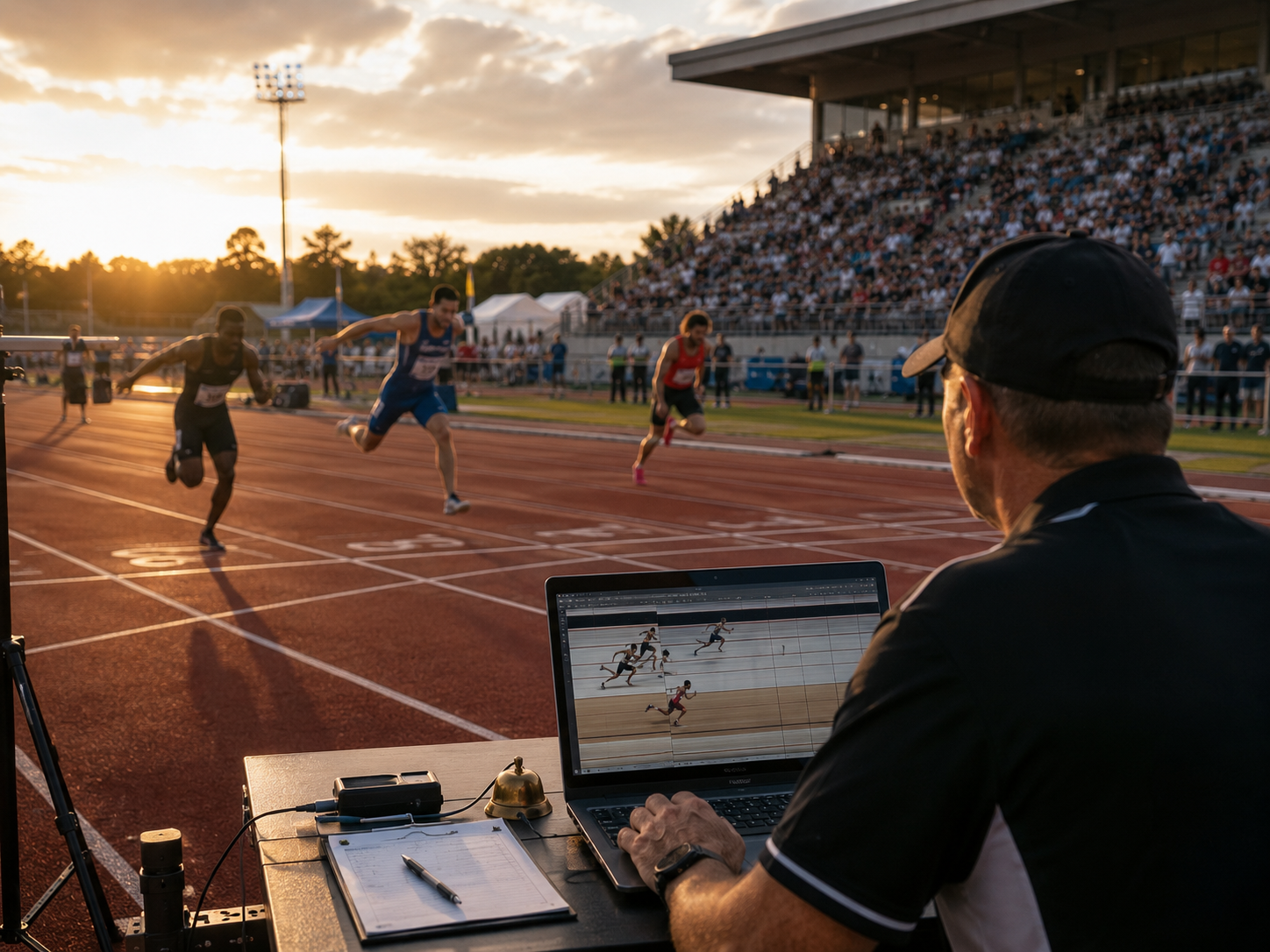 Professional race-day environment with finish-line technology