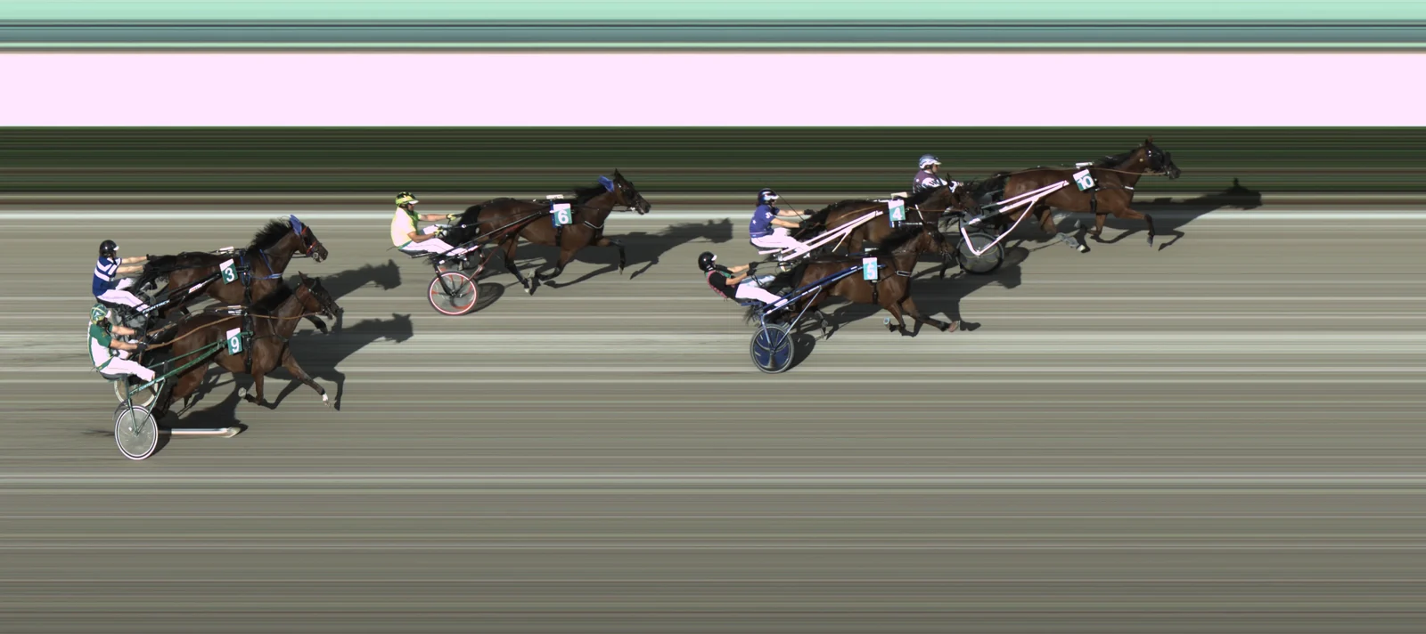 Photo finish strip from a harness race at Krieau, 14 June 2026: the front group crossing the line, with sulkies and bib numbers legible.