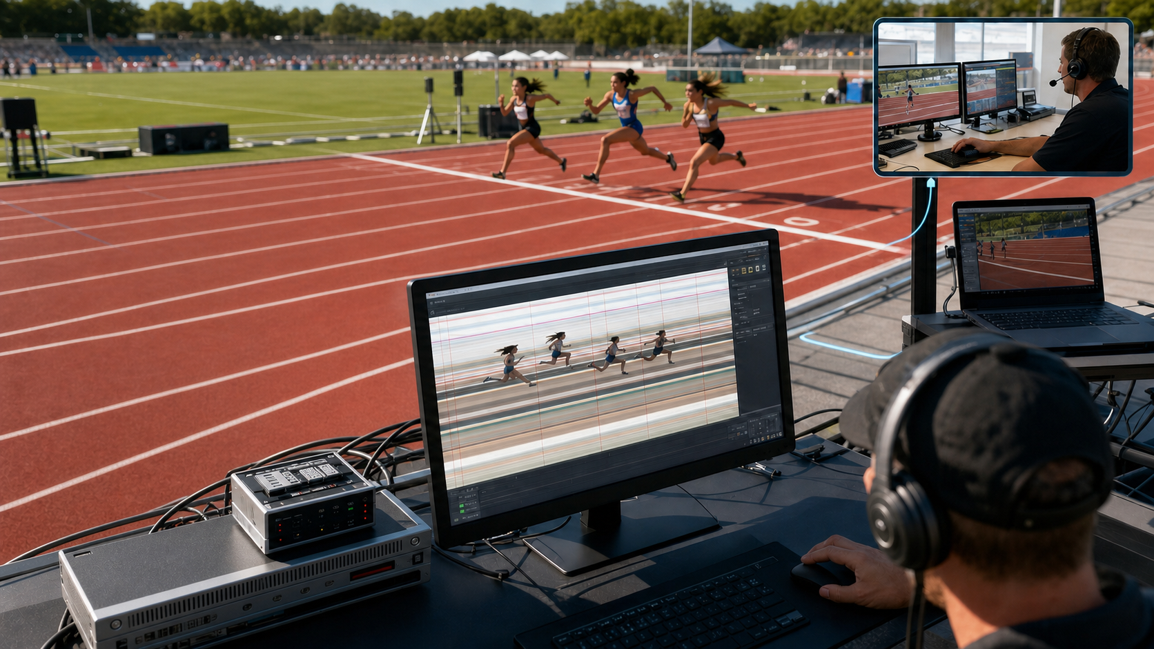 Finish-line review workstation with backup recording and remote support workflow
