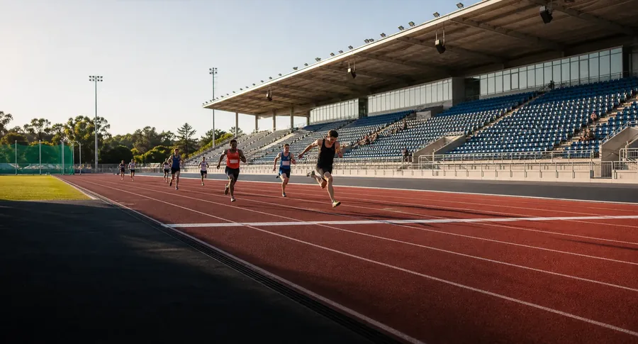 Athletics track and grandstand during a race event.