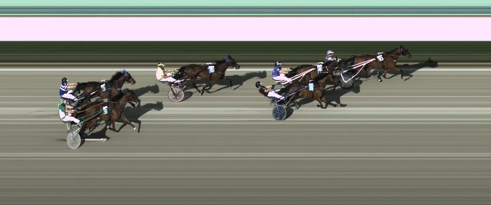 High-resolution photo-finish sample showing several harness horses crossing the finish line.