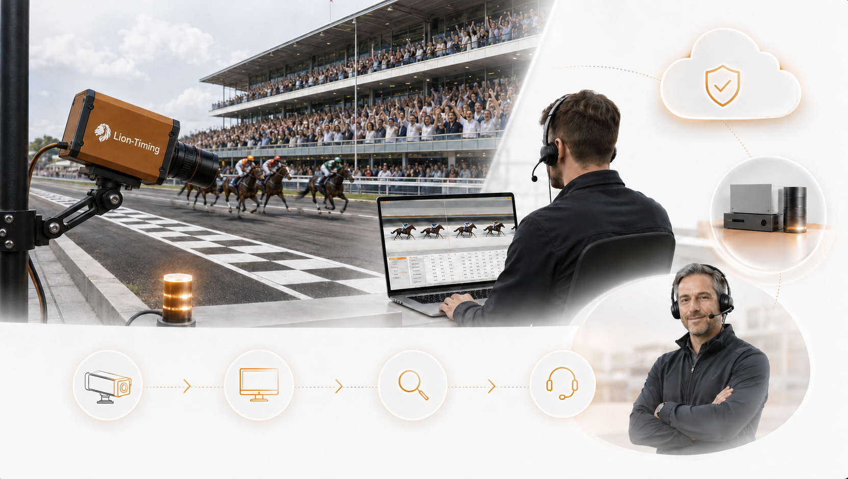 Lion Timing race-day workflow with camera, operator software, backup, and support