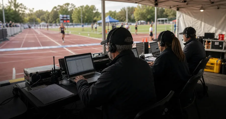 Professional sports timing team operating computers beside an athletics track.