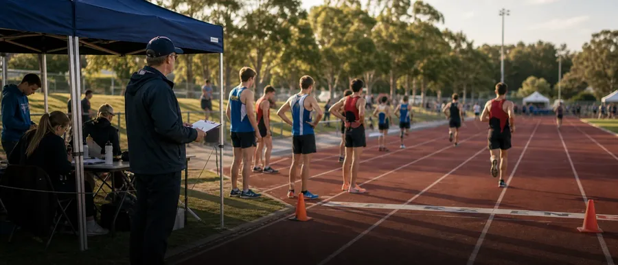 Runners racing on an athletics track while an official watches.