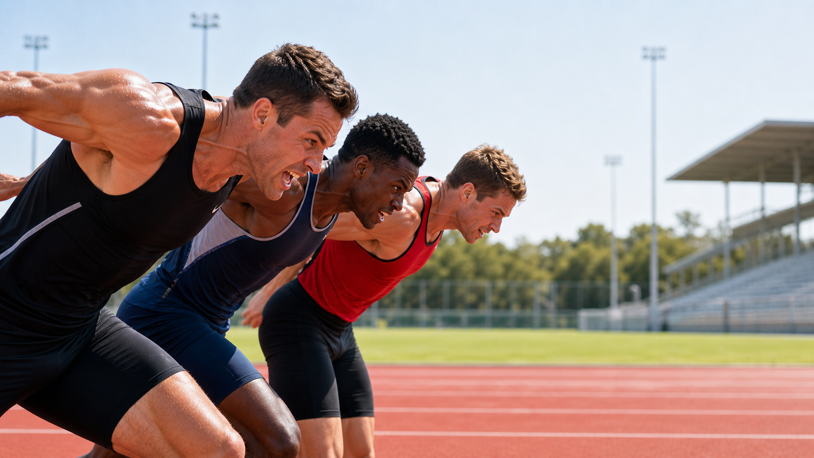 Adult runners leaning forward in a close finish on an athletics track
