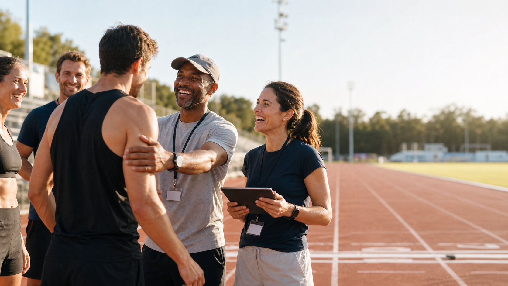 Athletes and event staff smiling near an athletics finish line after a race