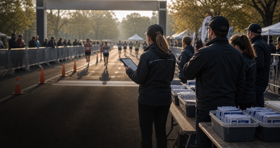 Race organizers coordinating a professional finish chute