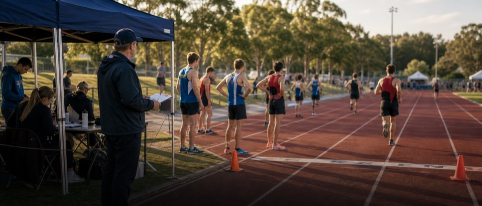 Sports club athletes and coaches preparing for a timed track event