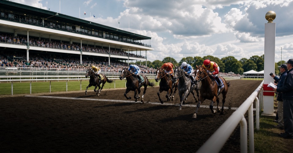 Horse racing finish straight with riders crossing the line