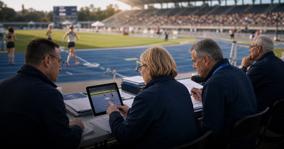 Federation officials reviewing race-day results at an athletics event