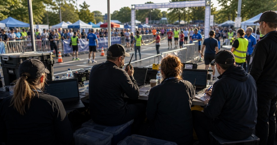 Event operators coordinating logistics near a finish area