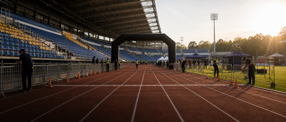 Sports venue set up for a professional meet finish area