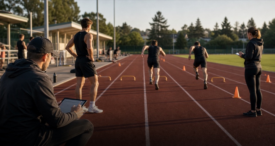 Training facility athletes and coaches during measured sprint practice